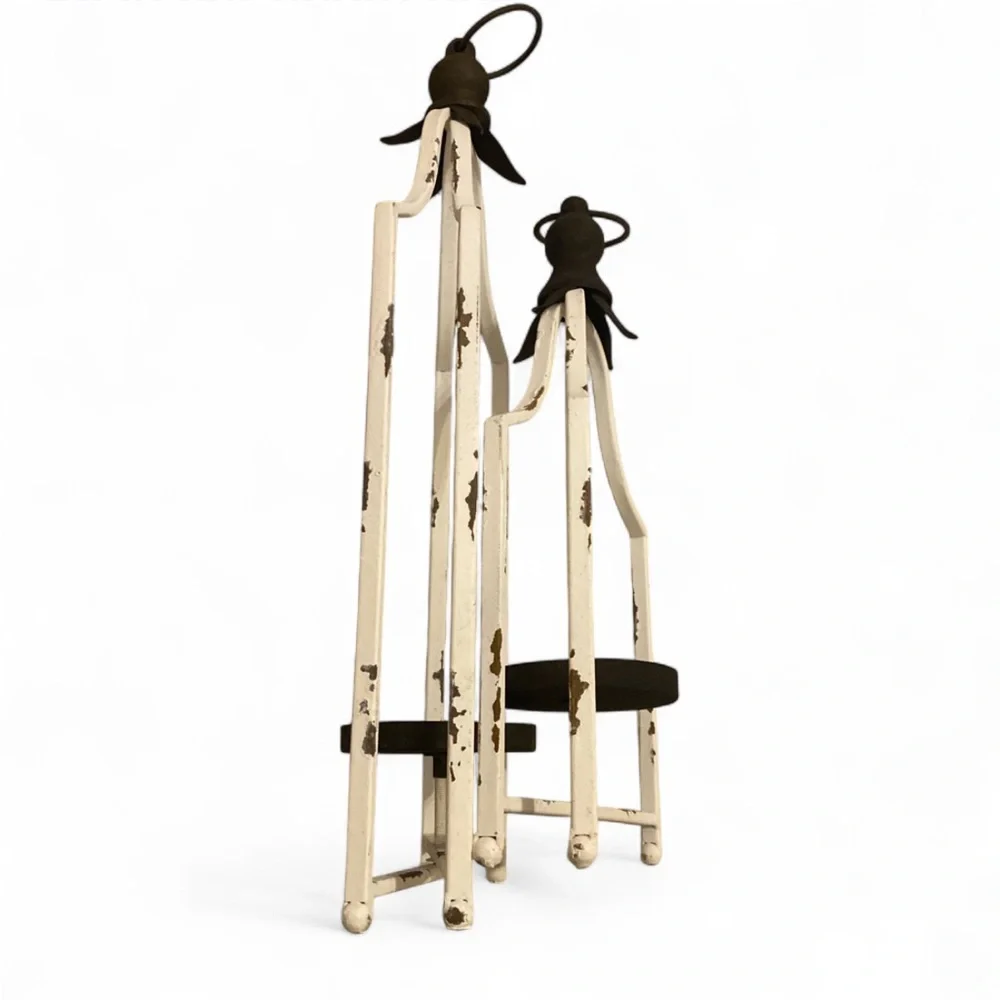 DW Home White Distressed Metal Lantern Set with Beige Candles